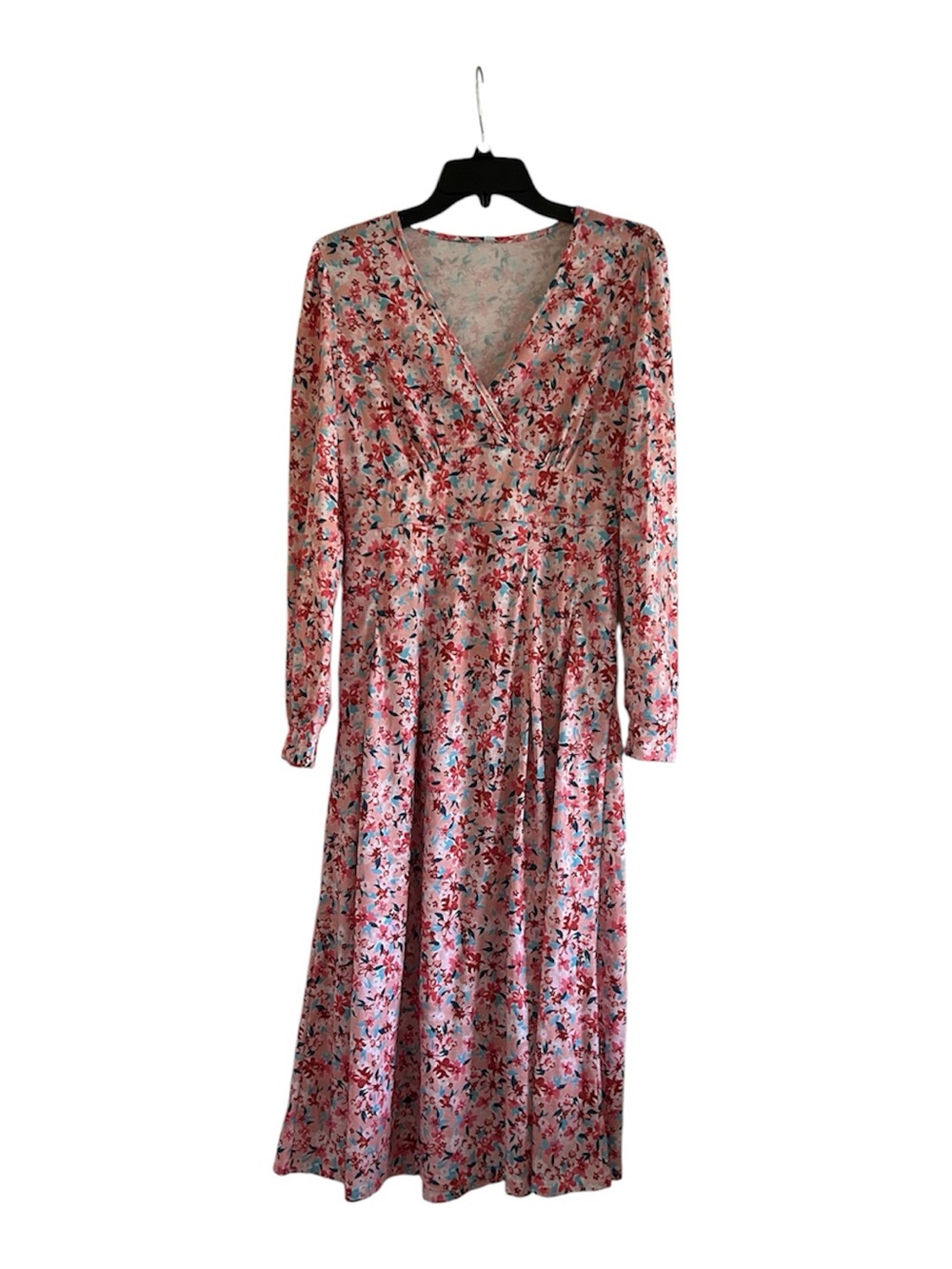Floral Pink Long Sleeve Size Small V-neck Multicolored Maxi Dress